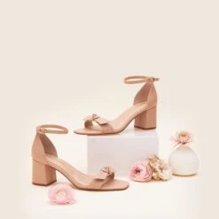 Elle Chunky Heel - Nude Blush -Wedding Dress Store elle nude blush bridesmaid shoes flat lay 01 rt