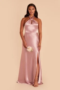Monica Shiny Satin Dress - English Rose -Wedding Dress Store english rose monica slit satin bridesmaid dress 04