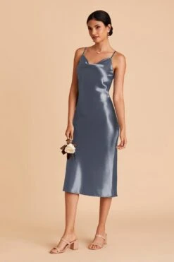 Lisa Shiny Satin Midi Dress - French Blue -Wedding Dress Store french blue lisa midi satin bridesmaid dress 02