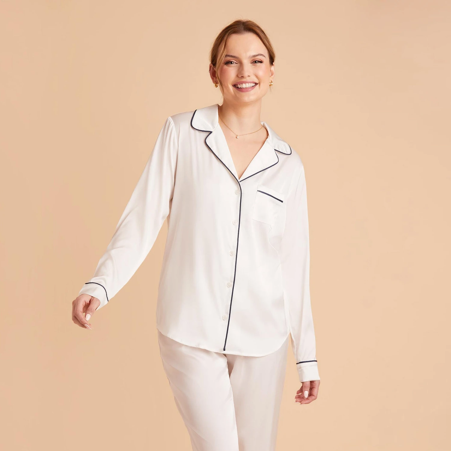 Jonny Satin Long Sleeve Pajama Top - Ivory 3 Jonny Satin Long Sleeve Pajama Top - Ivory