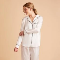 Jonny Satin Long Sleeve Pajama Top - Ivory 20 Jonny Satin Long Sleeve Pajama Top - Ivory -Wedding Dress Store ivory jonny satin long sleeve top bridesmaid pajamas 02