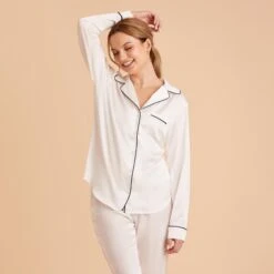 Jonny Satin Long Sleeve Pajama Top - Ivory 22 Jonny Satin Long Sleeve Pajama Top - Ivory -Wedding Dress Store ivory jonny satin long sleeve top bridesmaid pajamas 03