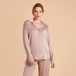 Jonny Satin Long Sleeve Pajama Top - Mauve Taupe -Wedding Dress Store mauve taupe jonny satin long sleeve top bridesmaid pajamas 02 1