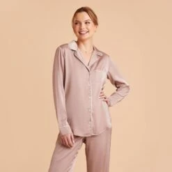 Jonny Satin Long Sleeve Pajama Top - Mauve Taupe -Wedding Dress Store mauve taupe jonny satin long sleeve top bridesmaid pajamas 03 1