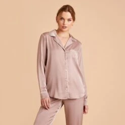 Jonny Satin Long Sleeve Pajama Top - Mauve Taupe -Wedding Dress Store mauve taupe jonny satin long sleeve top bridesmaid pajamas 04 1