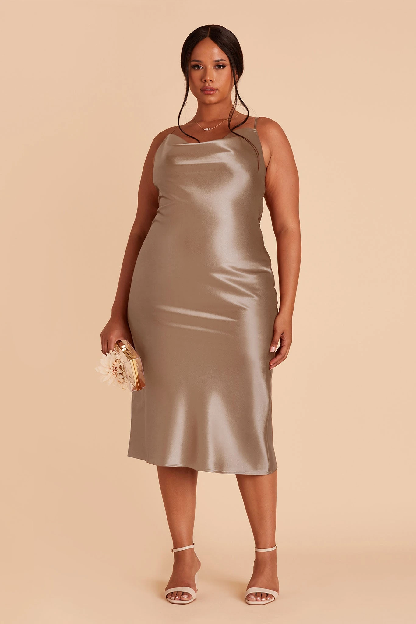 Lisa Shiny Satin Midi Dress - Mocha 8 Lisa Shiny Satin Midi Dress - Mocha - Image 6