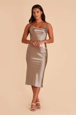 Lisa Shiny Satin Midi Dress - Mocha