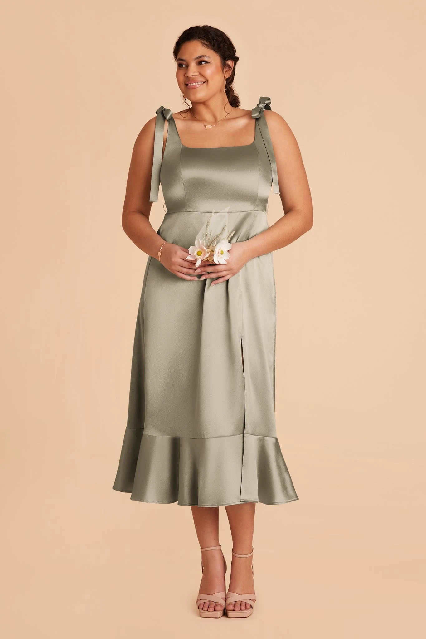 Eugenia Shiny Satin Convertible Midi Dress - Moss Green - Image 7