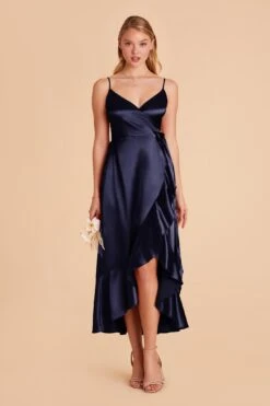 YC Shiny Satin Midi Dress - Navy -Wedding Dress Store navy yc satin bridesmaid dress 02
