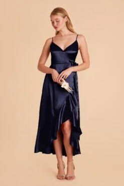 YC Shiny Satin Midi Dress - Navy -Wedding Dress Store navy yc satin bridesmaid dress 03