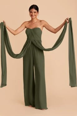 Gigi Convertible Jumpsuit - Olive -Wedding Dress Store olive gigi convertible slit bridesmaid jumpsuit 02