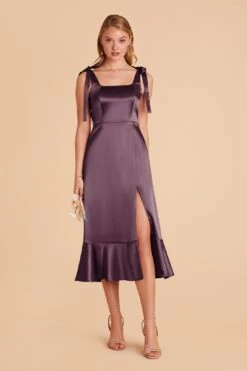 Eugenia Shiny Satin Convertible Midi Dress - Plum -Wedding Dress Store plum eugenia convertible satin bridesmaid dress 01
