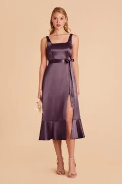 Eugenia Shiny Satin Convertible Midi Dress - Plum -Wedding Dress Store plum eugenia convertible satin bridesmaid dress 03