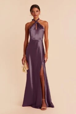 Monica Shiny Satin Dress - Plum -Wedding Dress Store plum monica slit satin bridesmaid dress 02