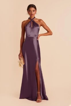 Monica Shiny Satin Dress - Plum -Wedding Dress Store plum monica slit satin bridesmaid dress 03