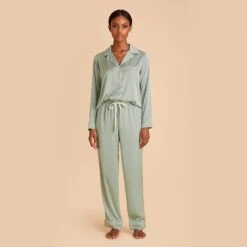 Jonny Long Sleeves And Pants Satin PJ Set - Sage 15 Jonny Long Sleeves And Pants Satin PJ Set - Sage -Wedding Dress Store sage jonny satin long sleeve set bridesmaid pajamas 01
