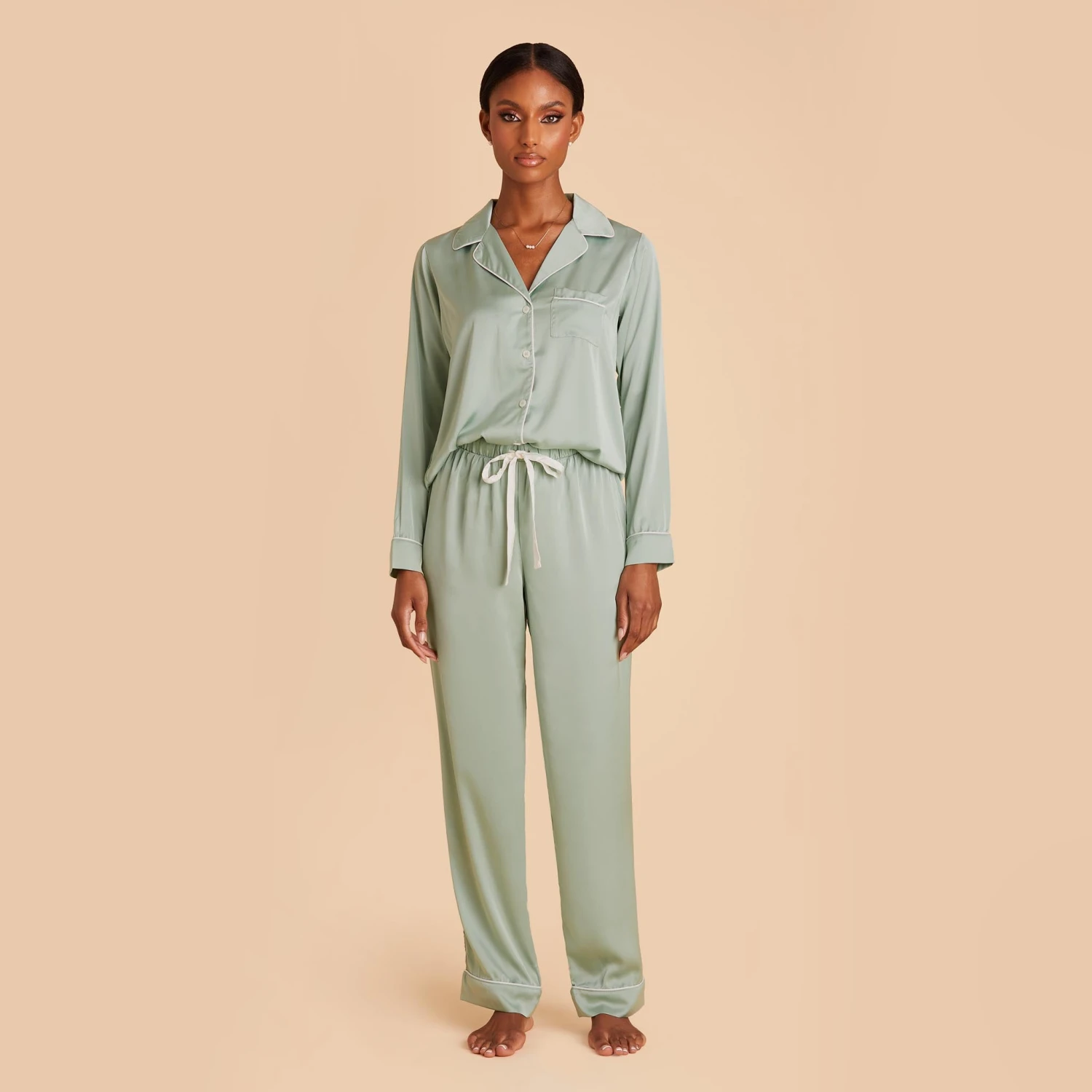 Jonny Long Sleeves And Pants Satin PJ Set - Sage 8 Jonny Long Sleeves And Pants Satin PJ Set - Sage - Image 6