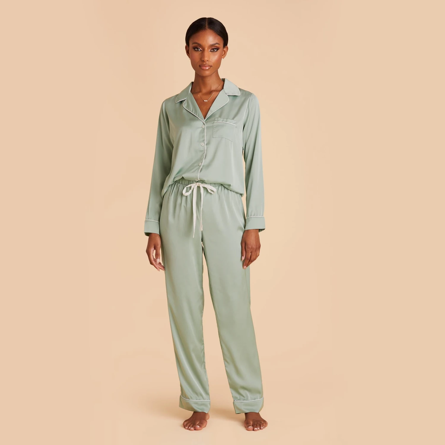 Jonny Long Sleeves And Pants Satin PJ Set - Sage 7 Jonny Long Sleeves And Pants Satin PJ Set - Sage - Image 5