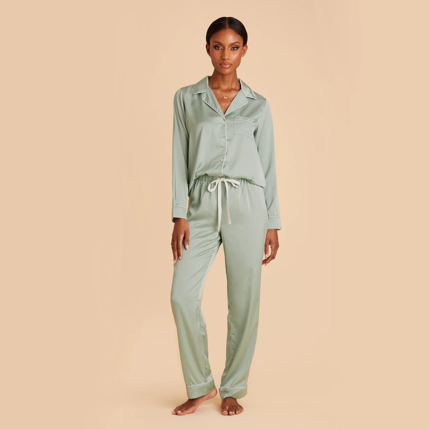 Jonny Long Sleeves And Pants Satin PJ Set - Sage 3 Jonny Long Sleeves And Pants Satin PJ Set - Sage
