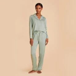 Jonny Long Sleeves And Pants Satin PJ Set - Sage 13 Jonny Long Sleeves And Pants Satin PJ Set - Sage -Wedding Dress Store sage jonny satin long sleeve set bridesmaid pajamas 04