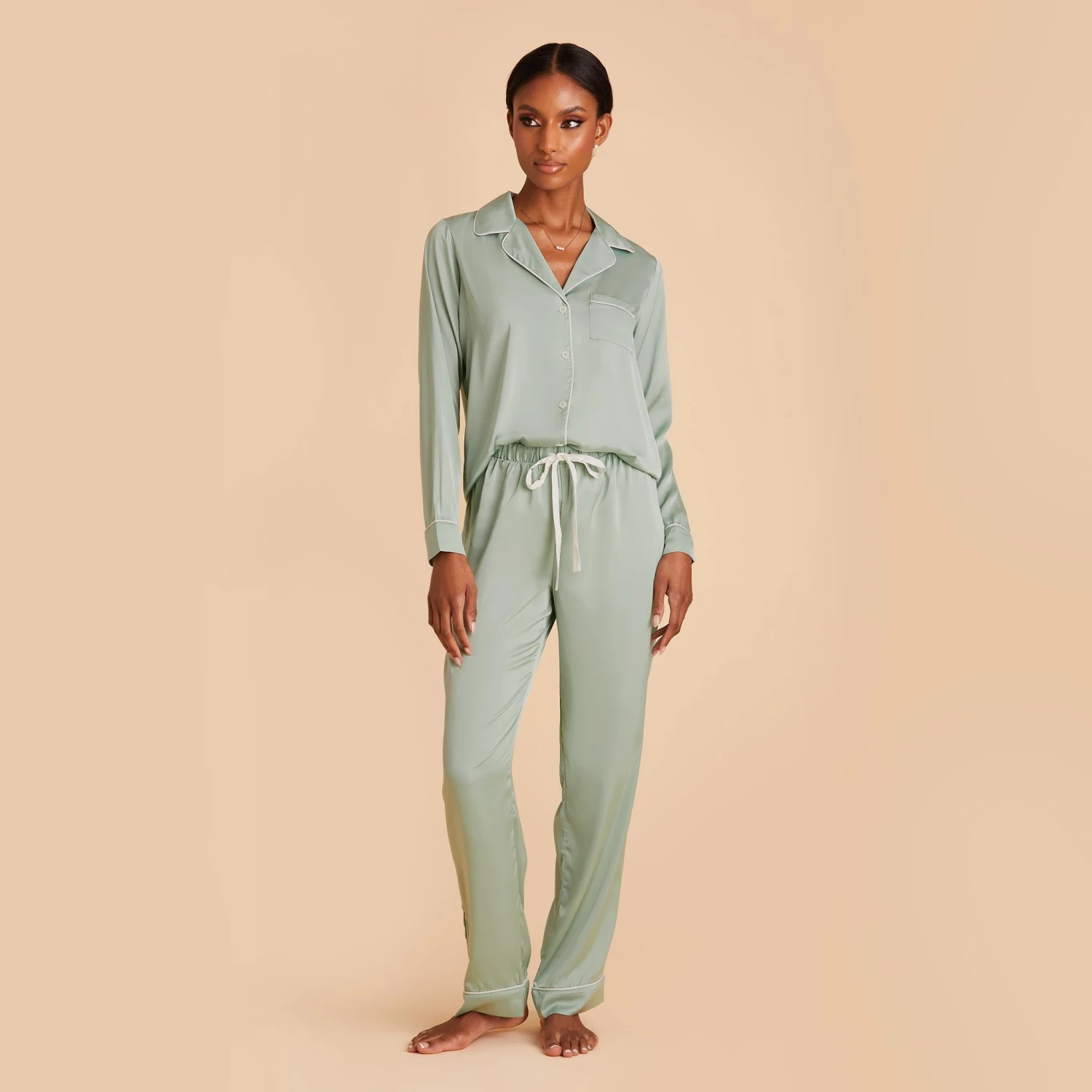 Jonny Long Sleeves And Pants Satin PJ Set - Sage 6 Jonny Long Sleeves And Pants Satin PJ Set - Sage - Image 4