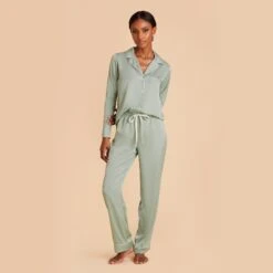 Jonny Long Sleeves And Pants Satin PJ Set - Sage 12 Jonny Long Sleeves And Pants Satin PJ Set - Sage -Wedding Dress Store sage jonny satin long sleeve set bridesmaid pajamas 05