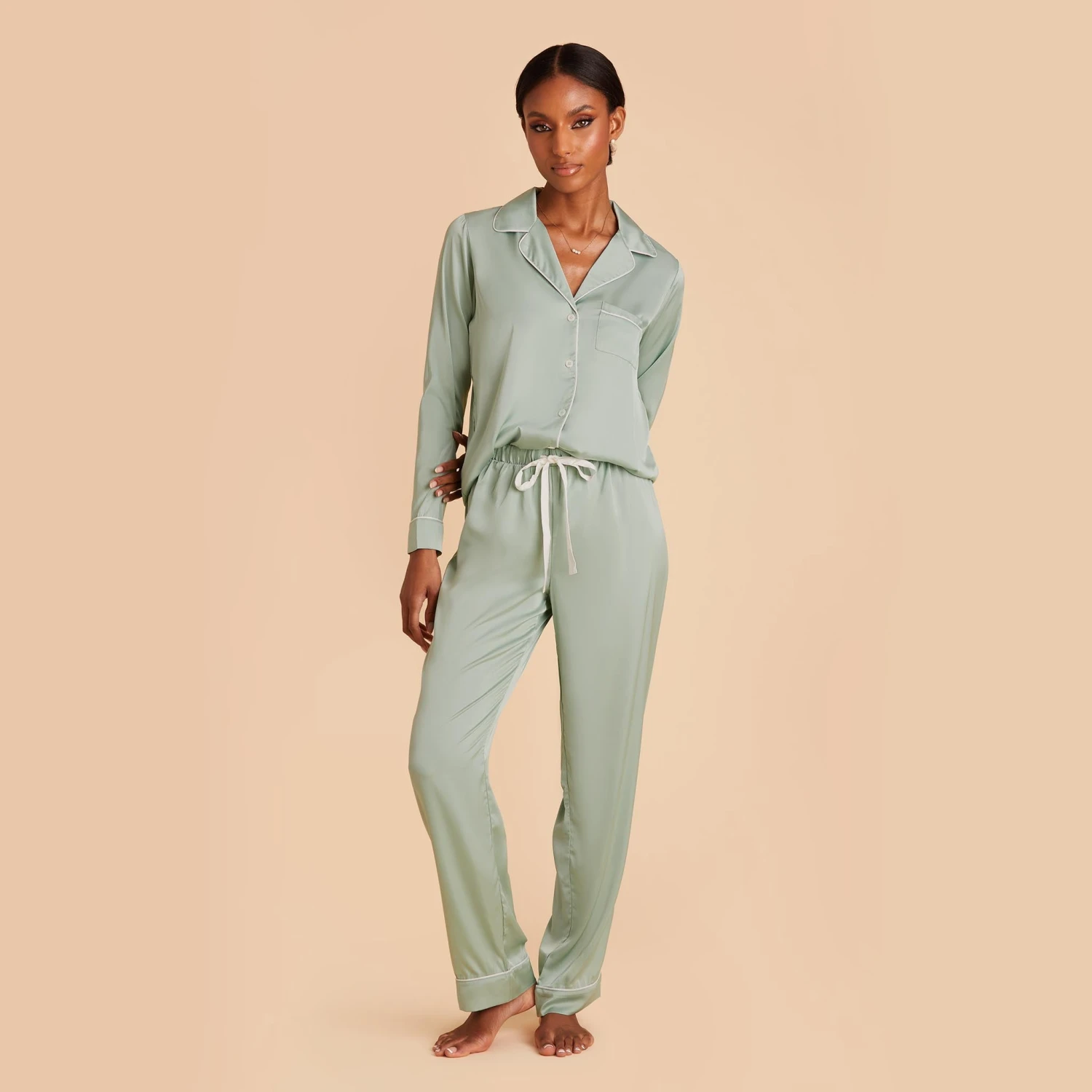 Jonny Long Sleeves And Pants Satin PJ Set - Sage 5 Jonny Long Sleeves And Pants Satin PJ Set - Sage - Image 3