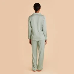 Jonny Long Sleeves And Pants Satin PJ Set - Sage 16 Jonny Long Sleeves And Pants Satin PJ Set - Sage -Wedding Dress Store sage jonny satin long sleeve set bridesmaid pajamas 06