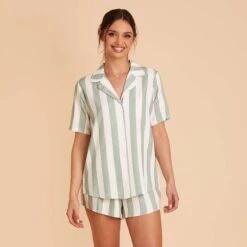 Eddie Pajama Set - Sage Stripe 15 Eddie Pajama Set - Sage Stripe -Wedding Dress Store sage stripe eddie short sleeve bridesmaid pajama set 02