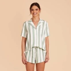 Eddie Pajama Set - Sage Stripe 19 Eddie Pajama Set - Sage Stripe -Wedding Dress Store sage stripe eddie short sleeve bridesmaid pajama set 03
