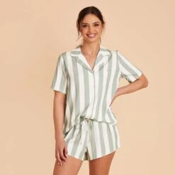 Eddie Pajama Set - Sage Stripe 17 Eddie Pajama Set - Sage Stripe -Wedding Dress Store sage stripe eddie short sleeve bridesmaid pajama set 04