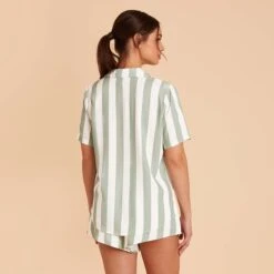 Eddie Pajama Set - Sage Stripe 20 Eddie Pajama Set - Sage Stripe -Wedding Dress Store sage stripe eddie short sleeve bridesmaid pajama set 07