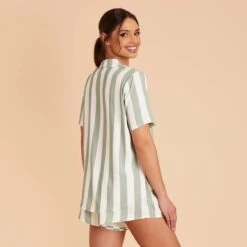 Eddie Pajama Set - Sage Stripe 14 Eddie Pajama Set - Sage Stripe -Wedding Dress Store sage stripe eddie short sleeve bridesmaid pajama set 08
