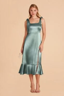 Eugenia Shiny Satin Convertible Midi Dress - Sea Glass -Wedding Dress Store sea glass eugenia convertible satin bridesmaid dress 01