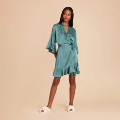Kenny Ruffle Satin Robe - Sea Glass -Wedding Dress Store sea glass kenny satin ruffle bridesmaid robe 03
