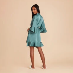 Kenny Ruffle Satin Robe - Sea Glass -Wedding Dress Store sea glass kenny satin ruffle bridesmaid robe 06