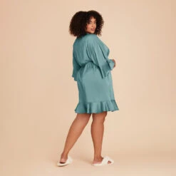 Kenny Ruffle Satin Robe - Sea Glass -Wedding Dress Store sea glass kenny satin ruffle plus size bridesmaid robe 04