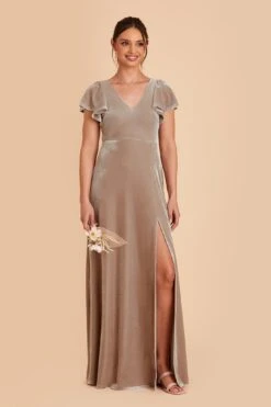 Hannah Velvet Dress - Taupe -Wedding Dress Store taupe hannah velvet bridesmaid dress 02