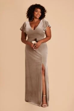 Hannah Velvet Dress - Taupe -Wedding Dress Store taupe kira velvet plus size bridesmaid dress 02