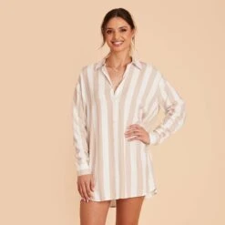 Eddie Sleepshirt - Taupe Stripe -Wedding Dress Store taupe stripe eddie sleepshirt bridesmaid pajama 01