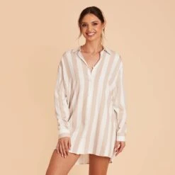 Eddie Sleepshirt - Taupe Stripe -Wedding Dress Store taupe stripe eddie sleepshirt bridesmaid pajama 05