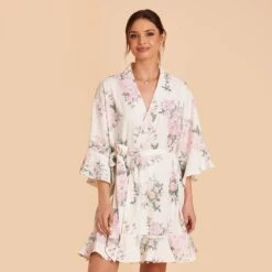 Kenny Floral Ruffle Robe - White Floral Rose 10 Kenny Floral Ruffle Robe - White Floral Rose -Wedding Dress Store white floral rose kenny bridesmaid robe 02