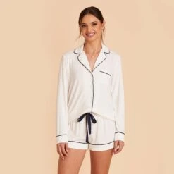 Jonny Long Sleeve Pajama Set - White -Wedding Dress Store white jonny long sleeve bridesmaid pajama set 02