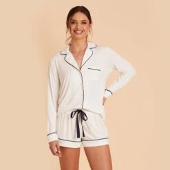 Jonny Long Sleeve Pajama Set - White -Wedding Dress Store white jonny long sleeve bridesmaid pajama set 07