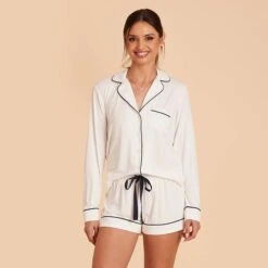 Jonny Long Sleeve Pajama Set - White -Wedding Dress Store white jonny long sleeve bridesmaid pajama set 08